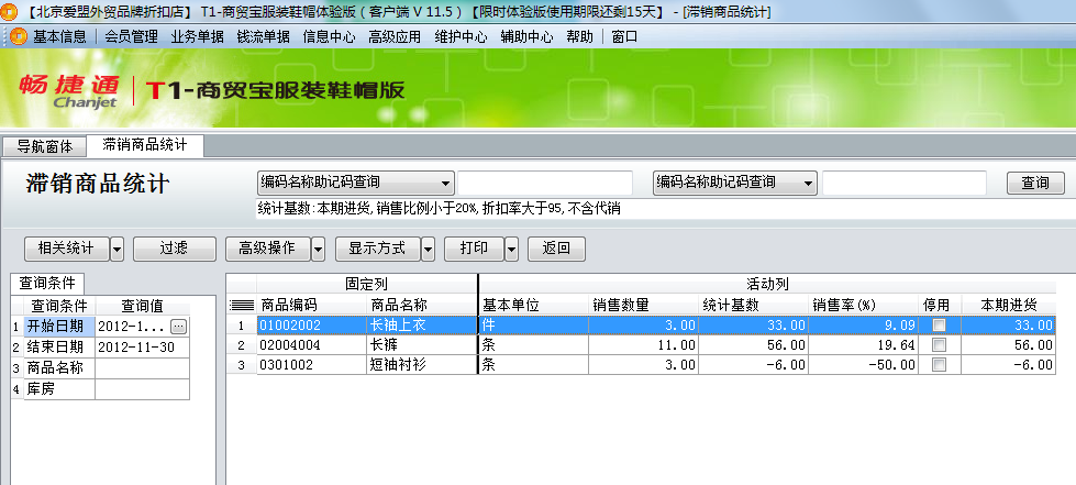 用友t1商貿(mào)寶服裝鞋帽版11.5如何查詢滯銷的商品？